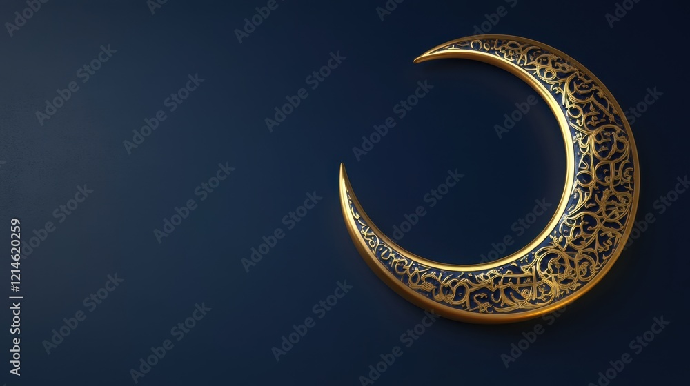 3D rendering of a golden crescent moon with an Islamic pattern on a dark blue background for a Ramadan Kareem banner template design. 3D rendering of a golden crescent moon with an Islamic pattern on a dark blue background for a Ramadan Kareem banner template design.