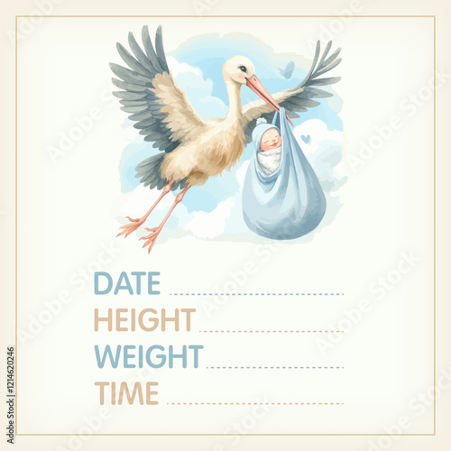 Watercolor Baby posters of newborn metric, height, weight, date of birth with stork carrying a cute baby. Newborn announcement cards, birthday party.