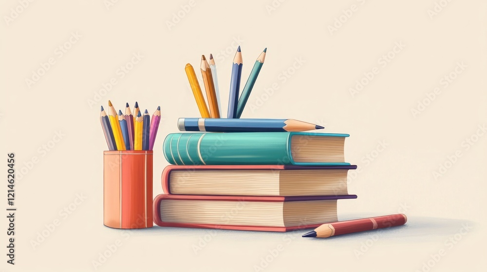 Fototapeta premium Colorful pencils, books, education, learning, background