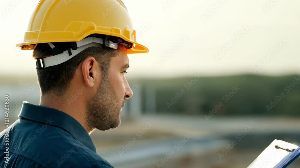 Caucasian male supervisor in a yellow hardhat with clipboard on construction site. A determined supervisor manages operations, clipboard showcasing his diligence. Caucasian male supervisor in a yellow hardhat with clipboard on construction site. A determined supervisor manages operations, clipboard showcasing his diligence.