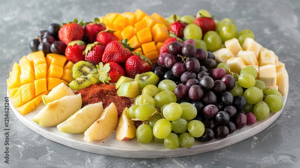 Vibrant assortment of fresh fruits arranged on a platter, showcasing strawberries, mangoes, grapes, and more Vibrant assortment of fresh fruits arranged on a platter, showcasing strawberries, mangoes, grapes, and more