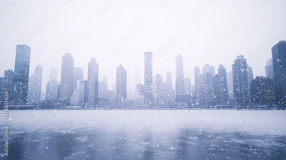 Fototapeta premium Tranquil Snowfall Over Urban Landscape - Cinematic City Skyline in Delicate Winter Flurries | Ultra-Detailed Aerial View