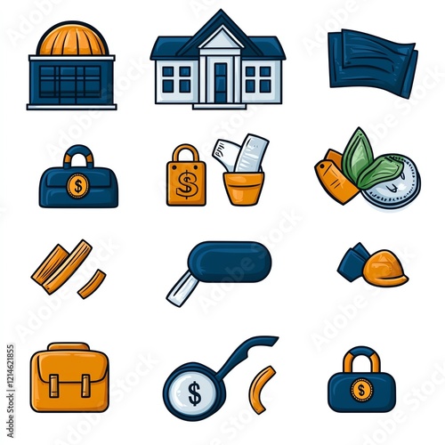 A collection of finance and property-related icons, including a bank, house, money, and security symbols, illustrating economic themes. photo