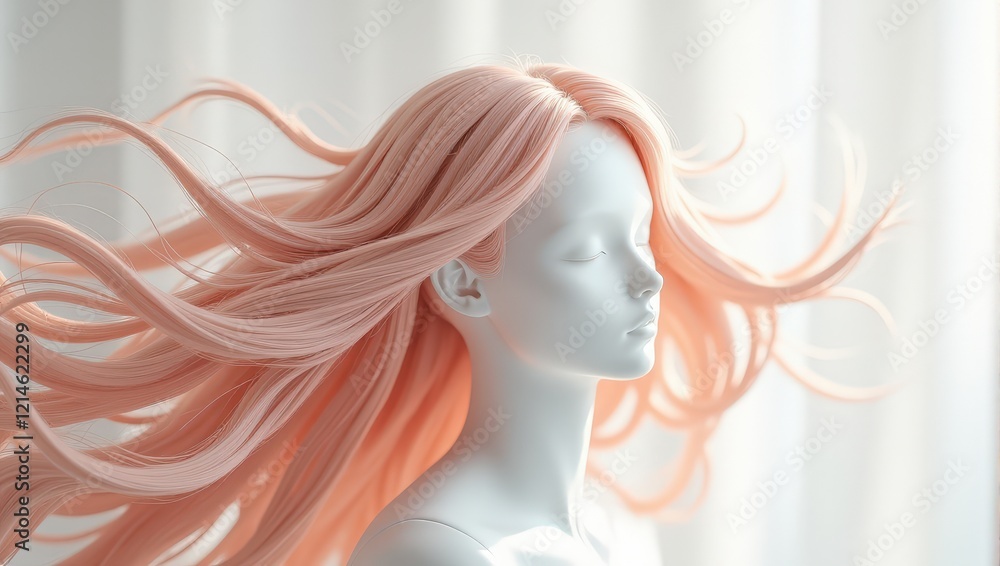 Elegantly styled white mannequin head, featuring flowing peach locks swaying gracefully in the breeze; a striking close-up with a direct gaze Elegantly styled white mannequin head, featuring flowing peach locks swaying gracefully in the breeze; a striking close-up with a direct gaze