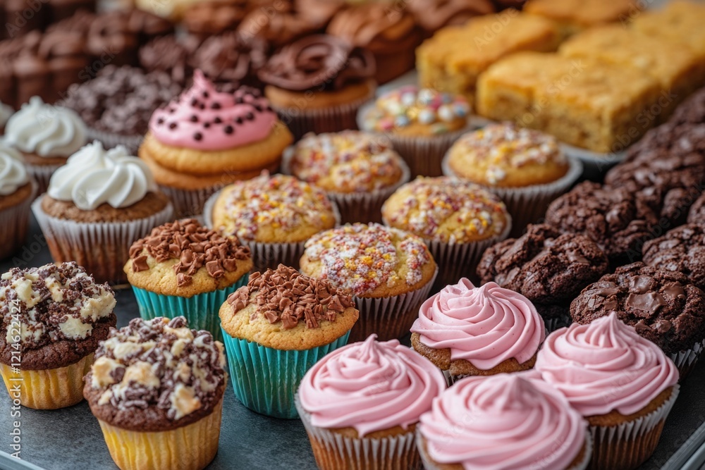 A tray filled with colorful cupcakes featuring different toppings such as sprinkles, candies, and nuts A tray filled with colorful cupcakes featuring different toppings such as sprinkles, candies, and nuts