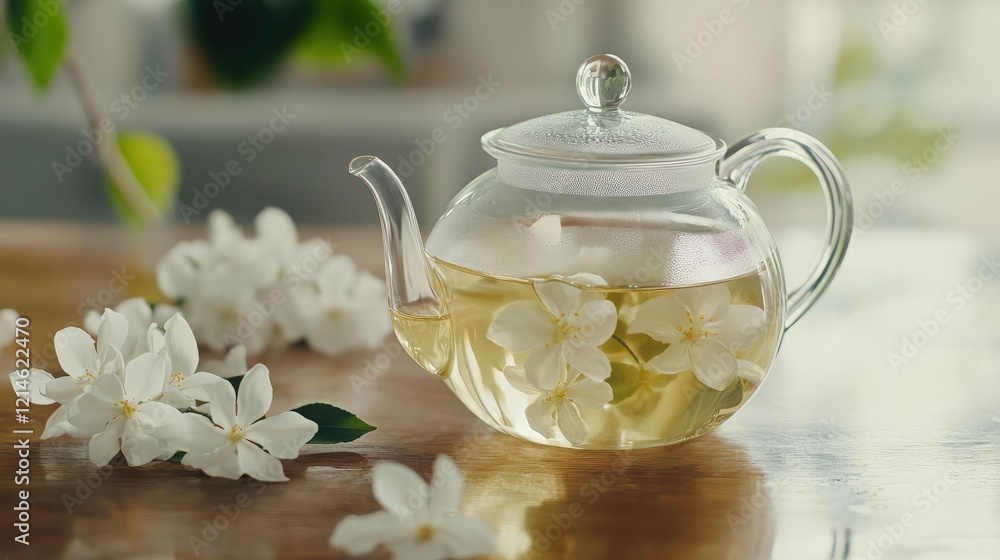 A calming jasmine flower tea served in a delicate glass teapot with fresh jasmine blooms nearby A calming jasmine flower tea served in a delicate glass teapot with fresh jasmine blooms nearby