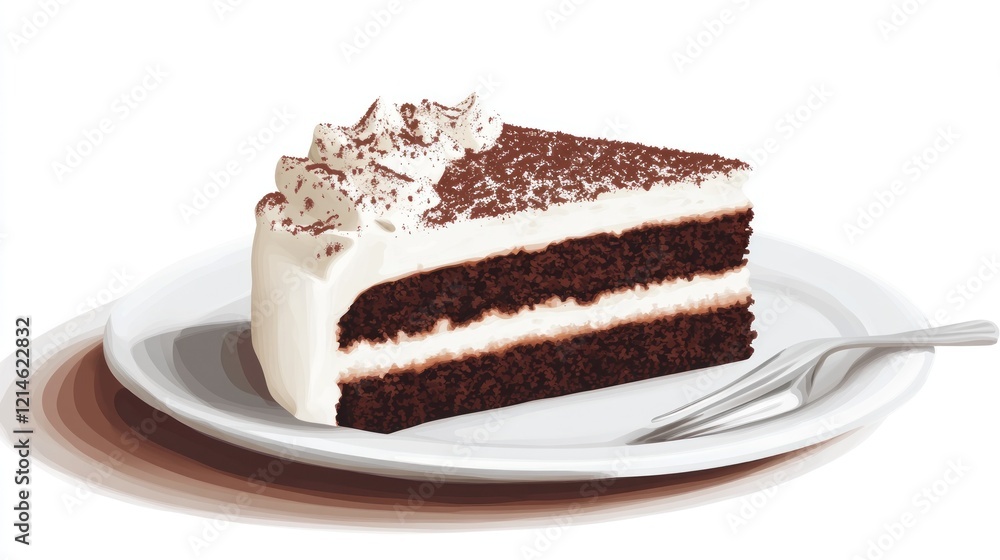Delicious chocolate cake slice on plate, whipped cream topping, fork nearby, white background; food photography Delicious chocolate cake slice on plate, whipped cream topping, fork nearby, white background; food photography
