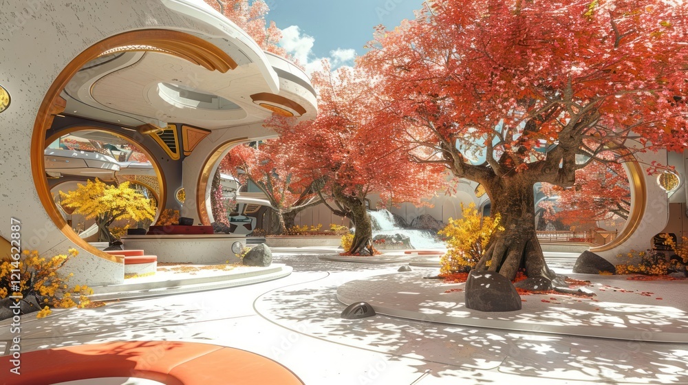 Fototapeta premium Futuristic garden with vibrant trees and modern architecture under a clear blue sky