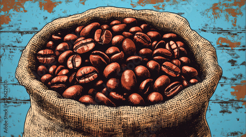 Coffee cafe pop art style, A coffee bean sack featuring a bold logo, presented in high fidelity resolution for striking visual appeal. photo