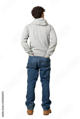 Young boy seen from behind in full body. Dressed in jeans and sweatshirt.