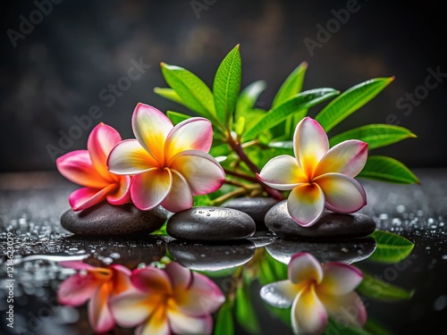Serene Still Life: Plumeria Blossoms & Zen Stones on Wet Surface - Tilt-Shift Photography