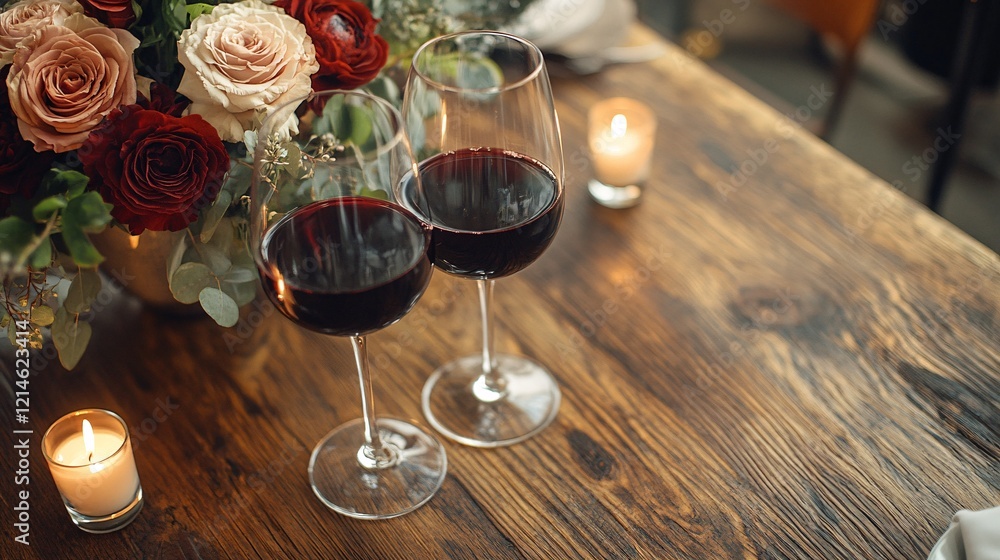 Naklejka premium Romantic dinner setup: bouquet of flowers, two glasses of red wine, and candles on a wooden table, perfect for Valentine’s Day or intimate celebrations.