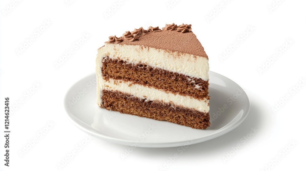 Delicious Tiramisu slice on plate, white background, dessert, food photography Delicious Tiramisu slice on plate, white background, dessert, food photography