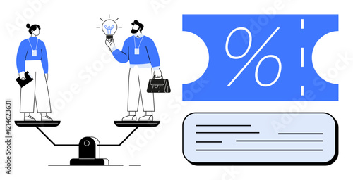 Businessman and businesswoman on seesaw with light bulb and briefcase, blue percentage sign and coupon. Ideal for teamwork, balance, work-life harmony, negotiation, innovation, finance discounts. An