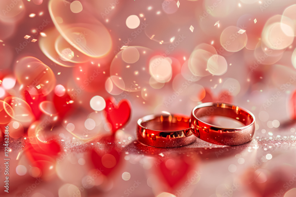 Two red wedding rings are placed on a red background with a lot of red hearts sc Two red wedding rings are placed on a red background with a lot of red hearts sc