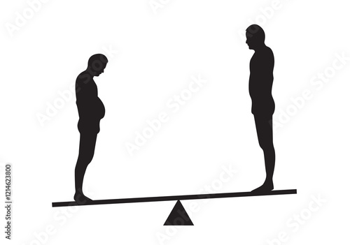 Slouching Obese Man Overweight Slim Man on Scales Silhouette. People and health care concept vector art