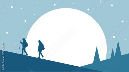 Two Hikers Walking up the Hill at Night Time. Nature and outdoor adventure activities for people concept vector art