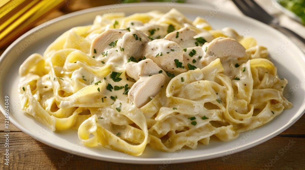A simple yet satisfying meal of pasta and chicken served on a clean white plate A simple yet satisfying meal of pasta and chicken served on a clean white plate