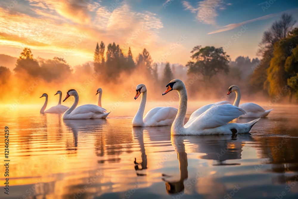 Fototapeta premium Serene Swans at Dawn: Long Exposure Lake Photography