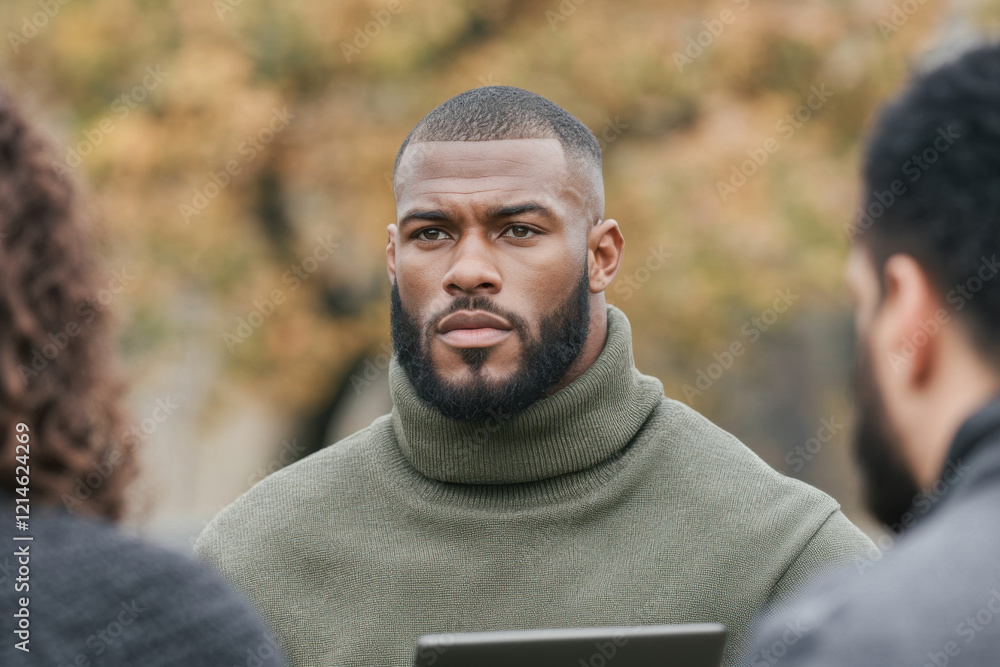 A man with a beard and a green sweater is looking at the camera A man with a beard and a green sweater is looking at the camera
