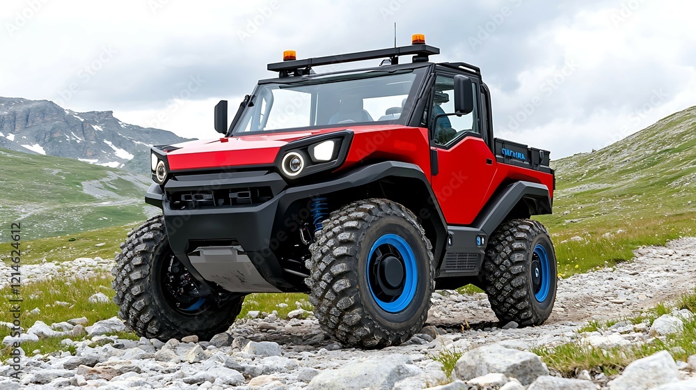 Red Off Road Utility Vehicle on Rocky Mountain Trail Red Off Road Utility Vehicle on Rocky Mountain Trail