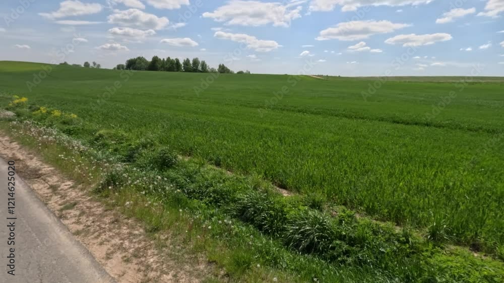 Highways, roadside and road line markings. The car drives along the road on a summer day. 