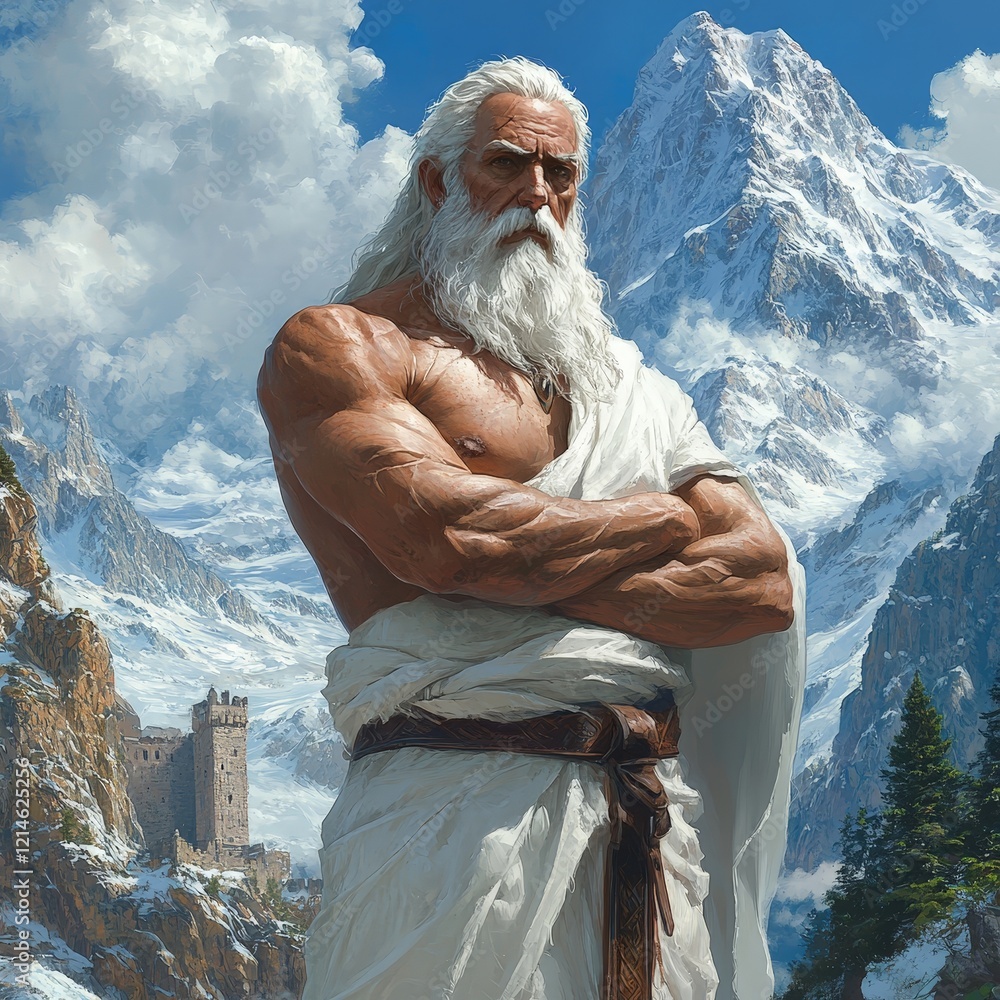 Fototapeta premium A powerful ancient god standing on a mountain under dramatic skies, showcasing strength and mythology. Perfect for storytelling, creative projects, and fantasy-inspired visuals.