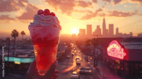 Cityscape background with soda float in goldenhour lighting