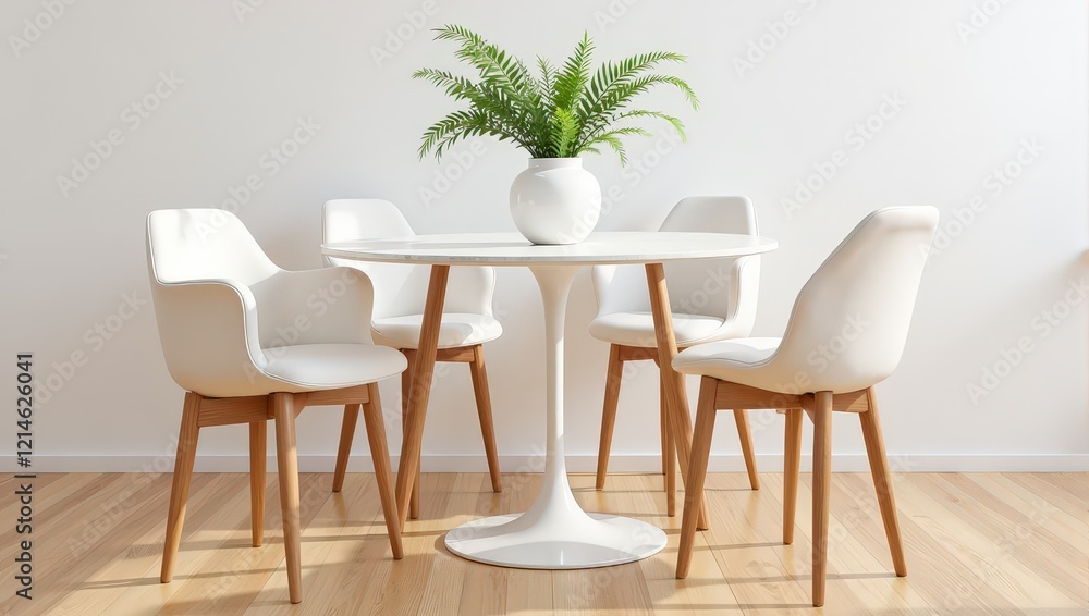 custom made wallpaper toronto digitalElegant white marble round table set with four tulip base chairs, adorned by a serene fern in a matching white vase. An inviting indoor space captured from eye level