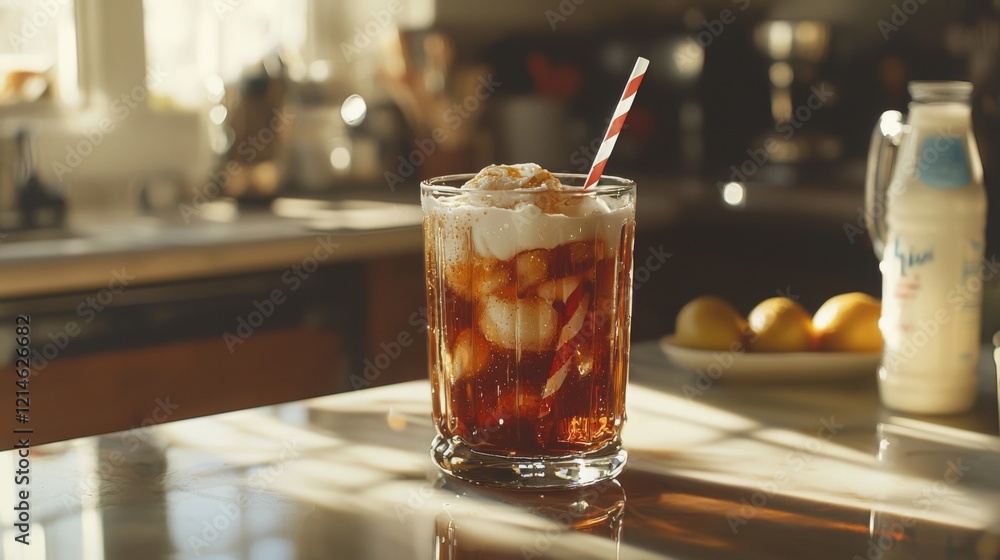 Photorealistic soda float with hand stirring on kitchen counter Photorealistic soda float with hand stirring on kitchen counter