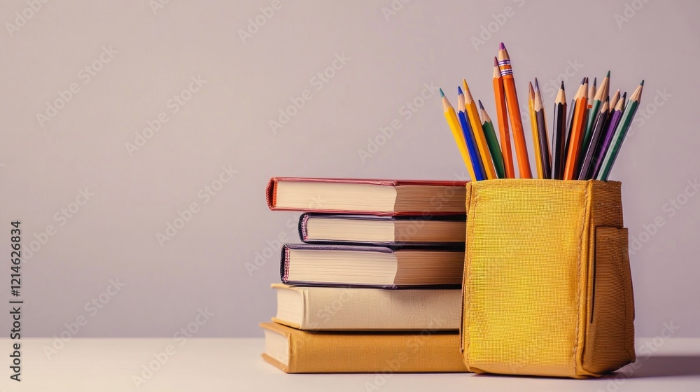 Fototapeta premium Colorful pencils, books, learning, education, classroom background