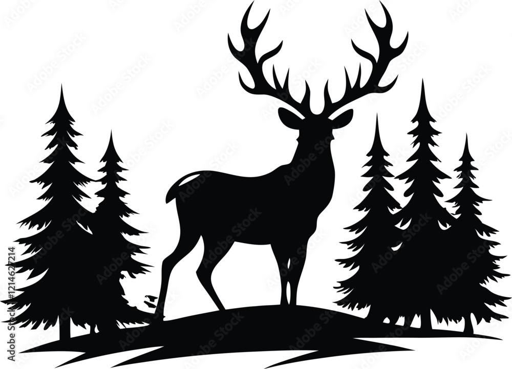 Silhouette of a deer with pine trees and forest scenery.rainder and forest scenery Silhouette of a deer with pine trees and forest scenery.rainder and forest scenery