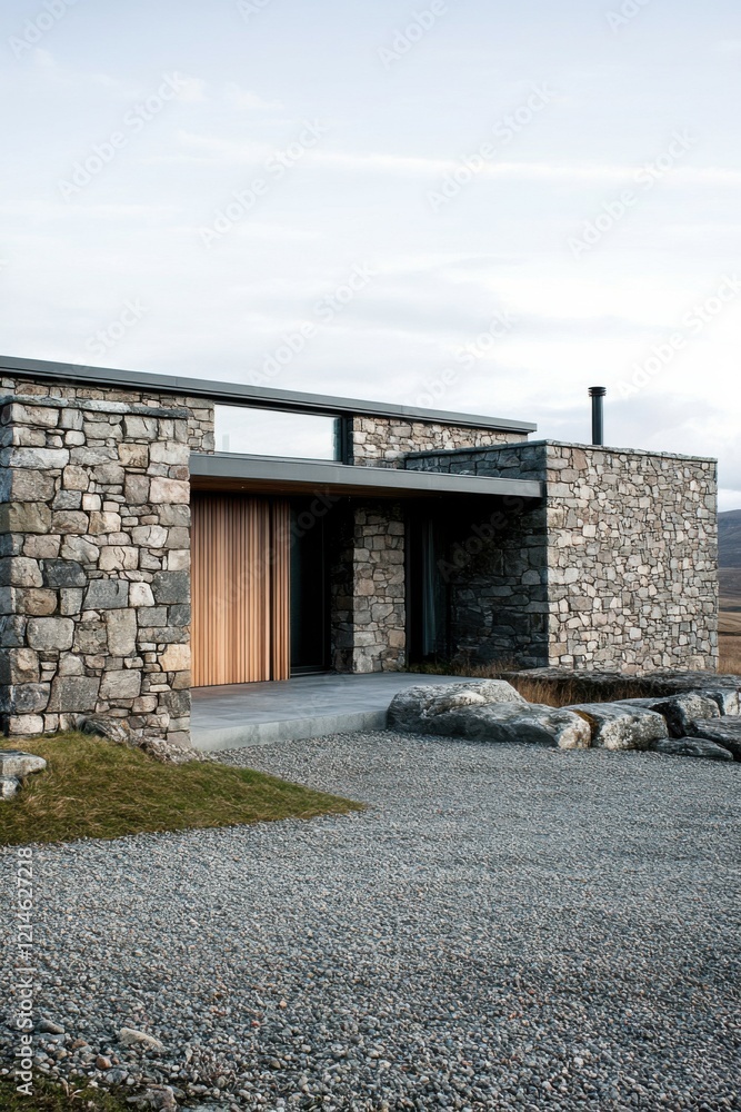 Modern stone house designed with natural elements in a rural setting surrounded by a gravel pathway and landscaped areas under a cloudy sky Modern stone house designed with natural elements in a rural setting surrounded by a gravel pathway and landscaped areas under a cloudy sky