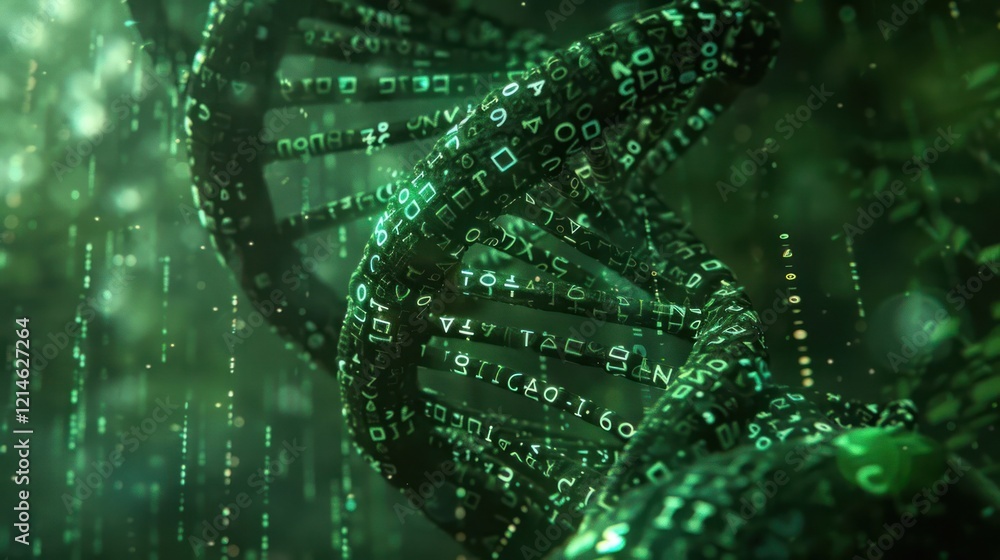Abstract representation of DNA structure intertwined with digital data, symbolizing genetic information Abstract representation of DNA structure intertwined with digital data, symbolizing genetic information