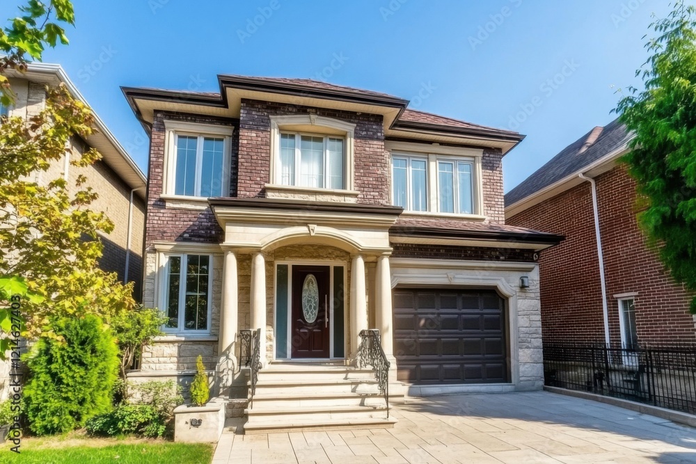 Beautiful suburban home with brick facade and landscaped front yard in bright sunshine highlights modern architectural features Beautiful suburban home with brick facade and landscaped front yard in bright sunshine highlights modern architectural features