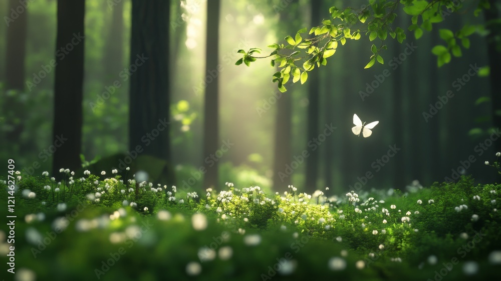 White butterfly flying in a sunlit forest with blooming white flowers. White butterfly flying in a sunlit forest with blooming white flowers.