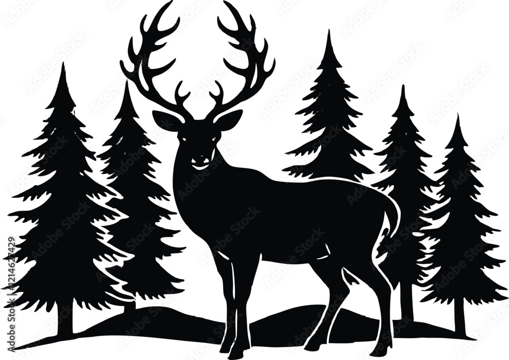 Silhouette of a deer with pine trees and forest scenery.rainder and forest scenery Silhouette of a deer with pine trees and forest scenery.rainder and forest scenery