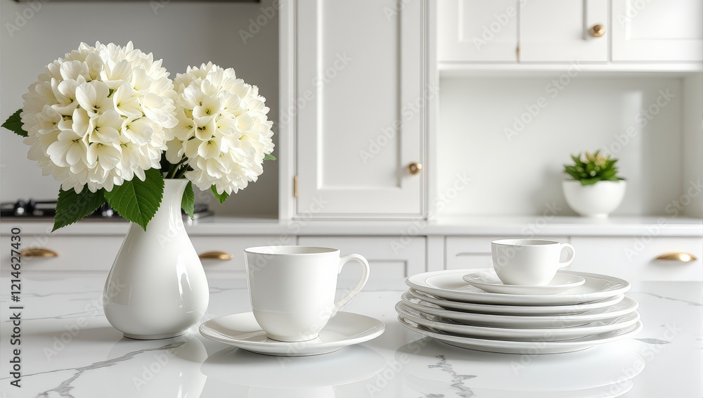 Elegant porcelain cups and saucers rest atop gleaming white marble, accompanied by a delicate white ceramic vase, creating a serene indoor vignette Elegant porcelain cups and saucers rest atop gleaming white marble, accompanied by a delicate white ceramic vase, creating a serene indoor vignette