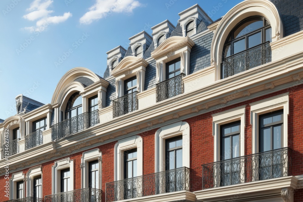 Fototapeta premium Elegant architecture displayed in a well-designed building exterior with balconies against a clear blue sky in a vibrant urban setting