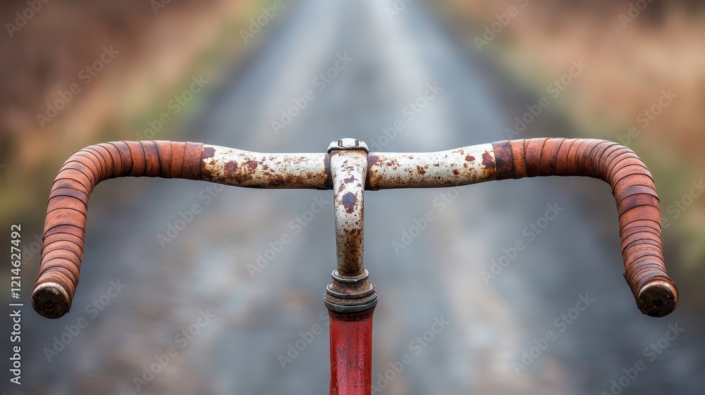 Weathered bicycle handlebars closeup on a rustic trail nature photography outdoor adventure