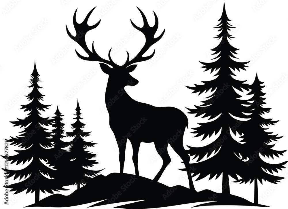 Silhouette of a deer with pine trees and forest scenery.rainder and forest scenery Silhouette of a deer with pine trees and forest scenery.rainder and forest scenery