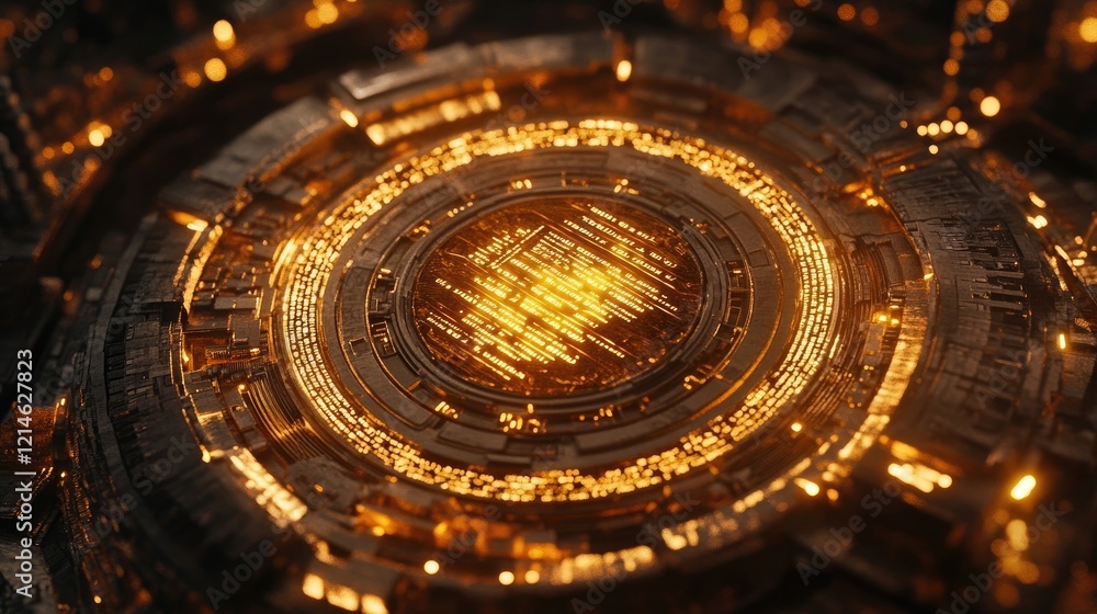 Fototapeta premium A golden AI chip surrounded by glowing ethical guidelines in text form.