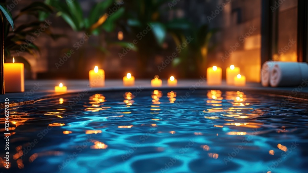 Evening pool with glowing lights in relaxing spa indoor setting tranquil atmosphere serene viewpoint Evening pool with glowing lights in relaxing spa indoor setting tranquil atmosphere serene viewpoint