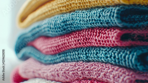 Cozy Crocheted Sweaters in Neat Stacks - January Reorganization Cinematic Still with Ultra-Detailed Textures