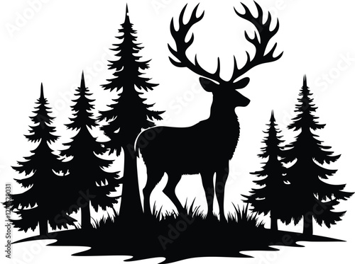 Silhouette of a deer with pine trees and forest scenery.rainder and forest scenery