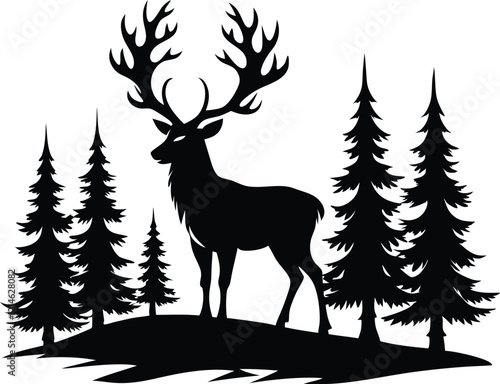 Silhouette of a deer with pine trees and forest scenery.rainder and forest scenery