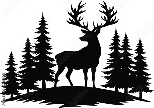 Silhouette of a deer with pine trees and forest scenery.rainder and forest scenery