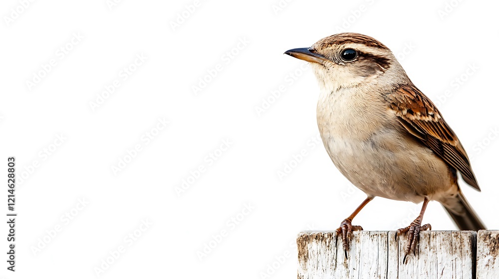 A small, perched bird with a light brown body and distinct markings, set against a simple white background. A small, perched bird with a light brown body and distinct markings, set against a simple white background.