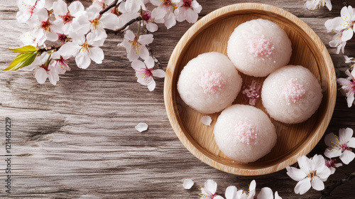 Japanese mochi with cherry blossom decorations photo