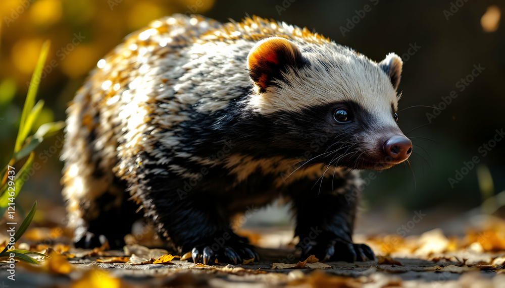 Obraz premium Candid image of a badger with black and white fur in a forest with fall leaves